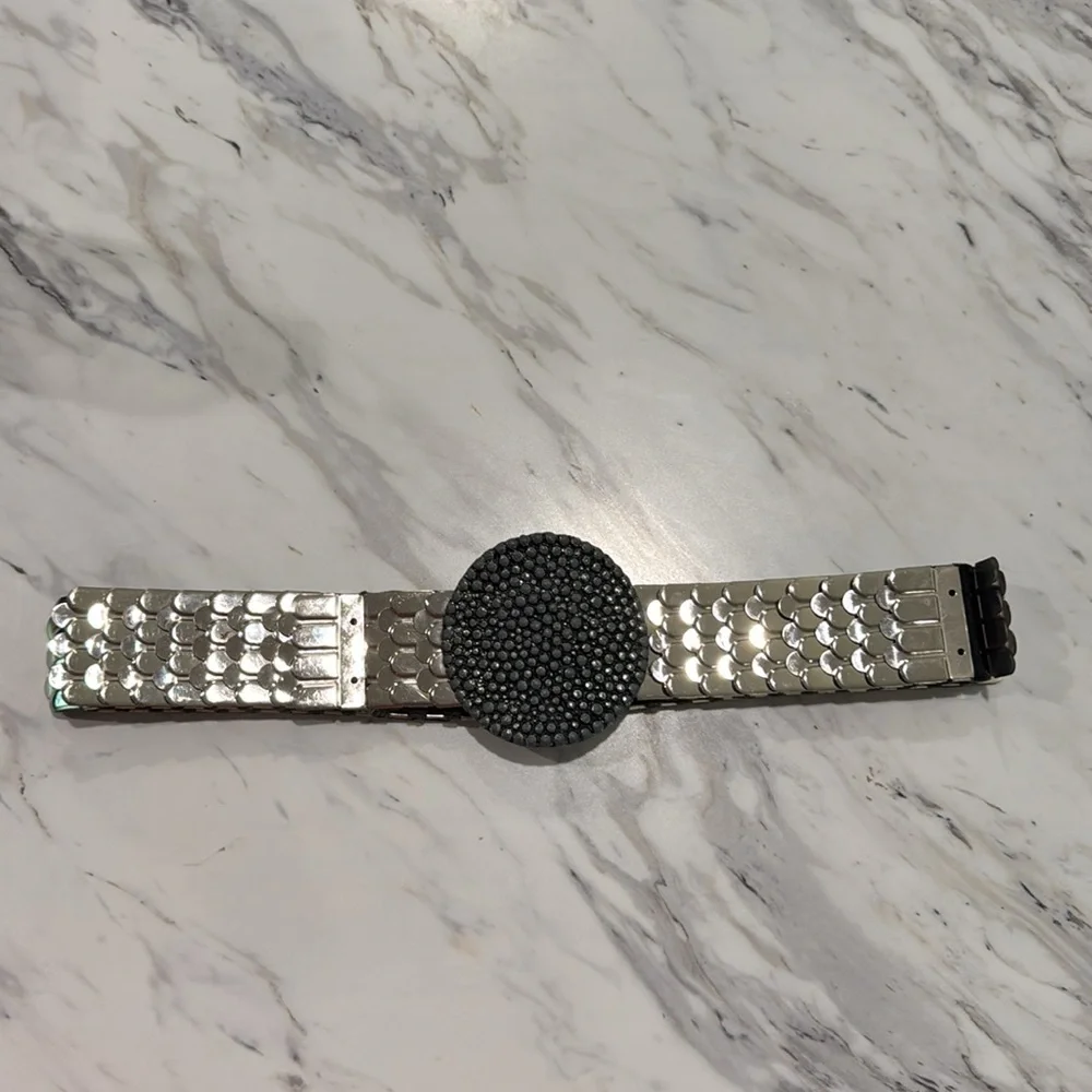 Vtg Belt Silver Metal Snake Fish Scale Disco Retro Elastic Stretch Slinky‎ Shiny